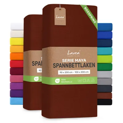 Produktbild von Lavea® 2er Pack Spannbettlaken 90/100x200 cm, Jersey Bettlaken 100% Baumwolle – Boxspringbetten, Wasserbetten, Matratzen bis 35 cm – Kastanie