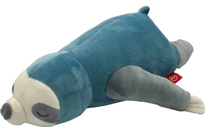 A plush toy sloth lying on its side against a white background.