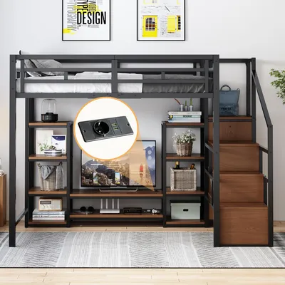 Obrázek produktu pro Flieks patrová postel kovová postel 140x200cm se stojanem na TV a policí, postel pro mládež manželská postel se zásuvkou, podkrovní postel dětská postel s roštovým rámem, černá