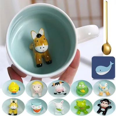 Productafbeelding van Koffiekop 3D, ezelmotief, keramiek, 350 ml, met lepel en onderzetter. Grappig cadeau