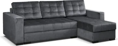 A dark gray sectional sofa with tufted cushions, shown from a front-side angle against a white background.