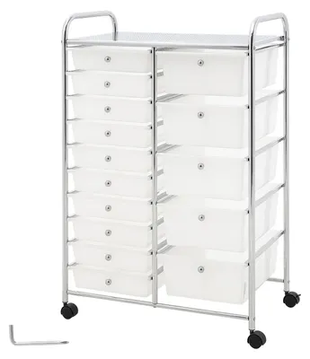 Productafbeelding van SucceBuy rollende werkbank met 15 lades, dubbele rij, 635x390x965 mm, metalen frame, opbergruimte, handgrepen, wielen met 2 remmen, mobiele opbergwagen voor kantoor, werkplaats en hobbyruimte