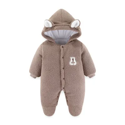 Obrázok produktu pre Dojčenská zimná kombinéza Bear Outfit Novorodenecký kabátik s kapucňou Dojčatá Teplý overal Batoľa Fleecová kombinéza, 9-12 mesiacov, hnedá