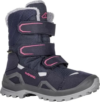 A single blue winter boot for children with pink accents and gray soles, shown from a three-quarter front view against a white background.