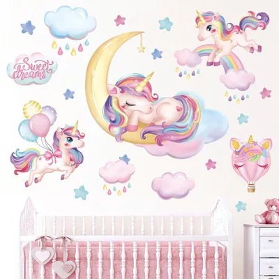 Image de Solidchoice - Autocollant mural licorne avec arc-en-ciel et ballons, idéal pour chambre d'enfant