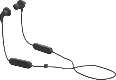 A pair of black JBL wireless earbuds with a connecting cable and inline controls, presented against a white background.
