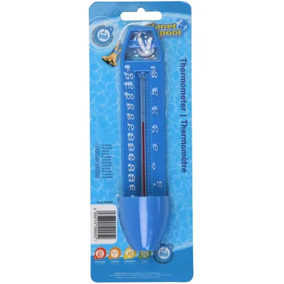 A blue thermometer packaged for sale, with a water-like background graphic.
