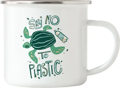 Produktbild von Say No To Plastic Emaille Tasse Naturschutz Umweltverschmutzung Tiere Fische Schildkröte