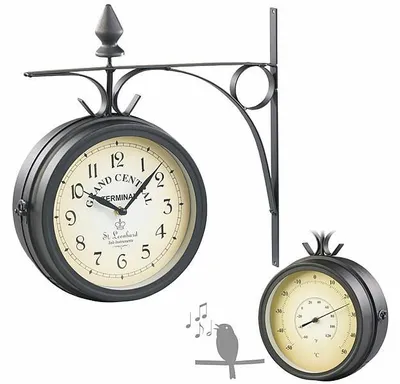 Image de Horloge de gare rétro double face avec thermomètre et 12 chants d'oiseaux