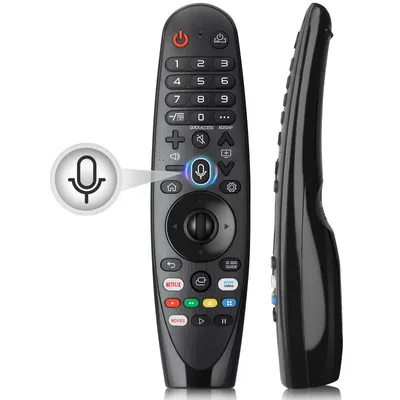 A black remote control with a microphone icon highlighted by a blue circle and a speech bubble graphic pointing to it.
