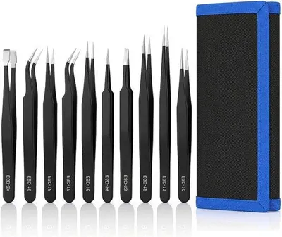 Productafbeelding van Pincetten Set - Precisie Gereedschap - Nauwkeurig Werken - Antistatisch Roestvrij Staal - 9 Delig - Zilver