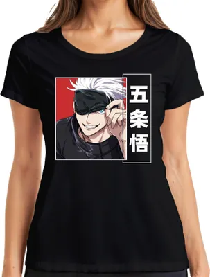 Immagine prodotto di Jujutsu Kaisen Gojo Satoru 五条悟 Anime Estetica Benda Capelli Bianchi Maglietta Donna, Nero, 3XL