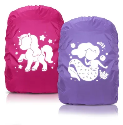 Productafbeelding van Regenbescherming voor schooltassen, set van 2, roze eenhoorn, paars zeemeermin, reflecterend, waterdicht