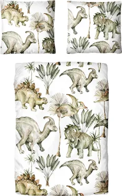A collage of bedding items featuring a dinosaur and plant pattern.