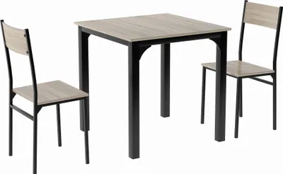 A square dining table with two chairs, presented against a white background.