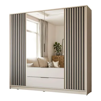Produktbild von Viertüriger Kleiderschrank NELA mit Lamellen 206 cm mit spiegel, Kaschmir / Kaschmir + Schwarz