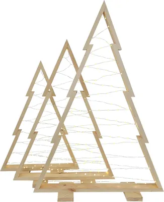 Obrázek produktu pro Sada Weeco 3 dekorativních dřevěných vánočních stromků s LED osvětlením – 113/90/78 cm, přírodní barva, smontované