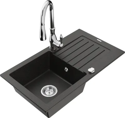 Produktbild von Mexen Pablo 1 Becken-Granitspüle mit Abtropffläche und Mischbatterie Savita, Schwarz/Gold metallisch - 6510-75-672601-00
