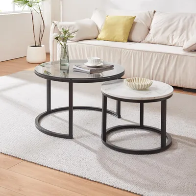 Produktbild von Couchtisch 2er Set 'Kokkola' Metallgestell rund Rauchglas / Marmoroptik, weiß