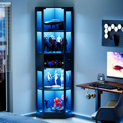 Produktbild von Standvitrine 57 × 165 × 40 cm, 5-stöckig mit Glastüren, 3-farbiger dimmbarer LED-Beleuchtung und Bewegungssensor, Push-to-Open, Schwarz