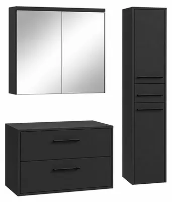 Produktbild von Badplaats Waschtischunterschrank-Set Florence 80 x 46 cm - Mattschwarz - mit Spiegelschrank und Hochschrank
