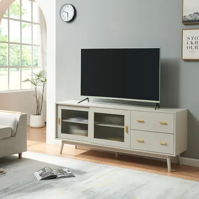 Zdjęcie produktu dla Szafka pod TV 'Susa' 2 drzwi przesuwne ze szklanym frontem 160 x 40 x 65 cm Beżowy