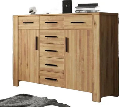 Produktbild von Kommode Lubic aus Wildeiche massiv 155x45x109 m. 2 Türen 7 Schubladen Holzbeinen