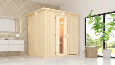 Produktbild von Elementsauna Karibu Bodina ohne Ofen mit Dachkranz und Holztüre mit Isolierglas wärmegedämmt