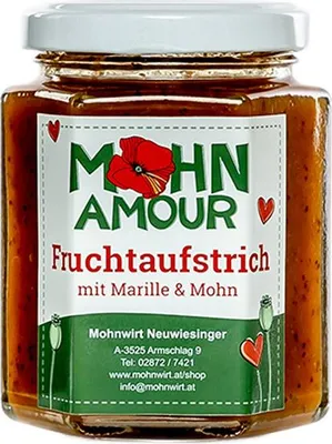 Produktbild von Fruchtaufstrich mit Mohn - Marille und Rum 190g - Feine Marillen Marmelade mit gemahlenem Graumohn und Rum von Mohn Amour