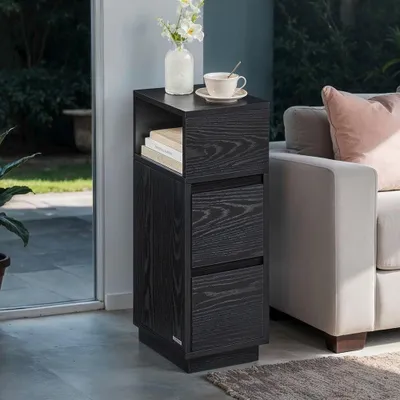Image de Table d'appoint étroite avec 2 tiroirs | Noir | 25,1 x 30,1 x 65,1 cm