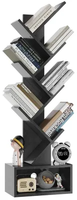Productafbeelding van Boekenkast in de vorm van een boom, 6 niveaus, ruimteverdelende staande kast, houten kast, zwart, 112 cm