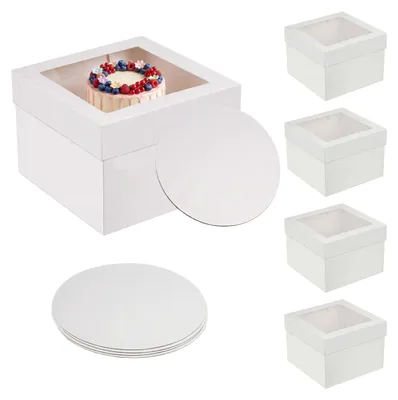 Zdjęcie produktu dla Zestaw 5 pudełek na torty Relaxdays, z okienkiem i podstawkami, wymiary zewnętrzne: 20x30x30 cm, pudełka na torty, wesela i catering, karton, białe
