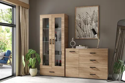 Produktbild von Wohnzimmer Set FINO III, Möbelset mit Kommode und Vitrine mit Glastüren, Moderne Wohnzimmermöbel, Wohnkombination für Esszimmer, Eiche Sonoma