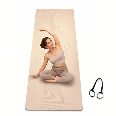 Productafbeelding van FUNLIFE Yogamat, 183 x 61 cm, 8 mm TPE, antislip, fitnessmat, gymnastiekmat, sportmat met draagriem, geschikt voor yoga, pilates en thuisworkouts, kleur: lichtbeige