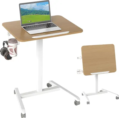 Produktbild von Beistelltisch - Höhenverstellbarer Betttisch auf Rollen - 90° neigbare Tischplatte - Haken - Becherhalter - Holz - Khaki