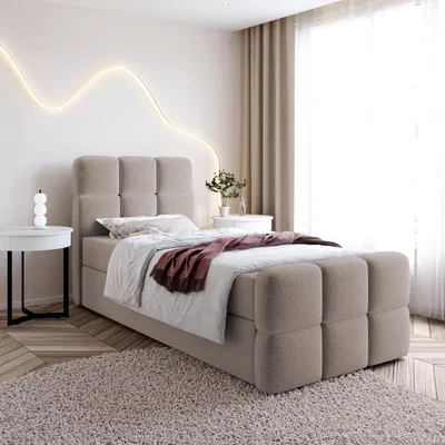 Produktbild von Einzelbett SALA MINI mit Bettkasten, Boxspringbett mit Bonellfederkern-Matratze und Bouclé-Stoff (90x200, Cappuccino - Fredo 05, ohne topper)