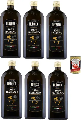 Produktbild von De Cecco Olivenöl Extra Vergine 100% Italiano – kalt extrahiert, fruchtig & ausgewogen – 6×1 L (6 L) Vorrat in Dunkelglas – für Küche & Rohkost – + Italian Gourmet polpa