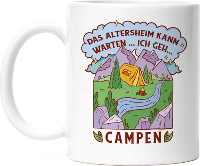 Produktbild von Altersheim kann warten Ich geh campen Tasse Weiß Camping Opa Oma Wohnwagen Wohnmobil Zelten Geschenkidee