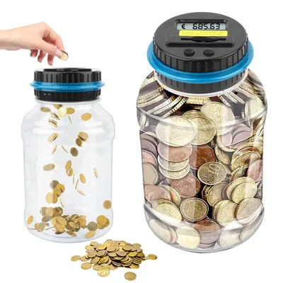 Sparbüchse digital, 1,8 l, LCD, transparent, Münzzähler