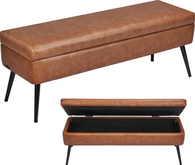 A brown faux leather storage bench with black metal legs is shown from two angles: one closed and one with the lid open to reveal the storage compartment.
