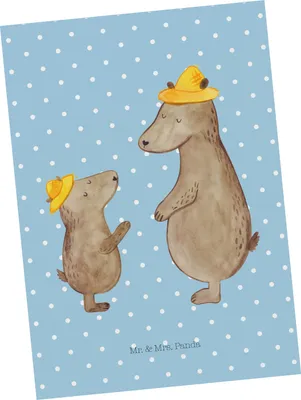 Produktbild von Mr. & Mrs. Panda Postkarte Bären mit Hut - Blau Pastell - Geschenk, Vatertag, Papa, Familie, bildkarte, Grußkarte, Postkarten, Ansichtskarten, Muttertag, Ansichtskarte