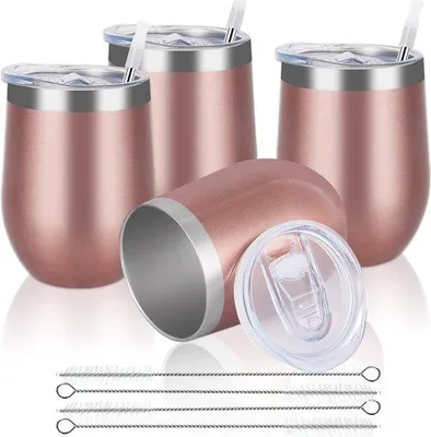 Produktbild von Unyqoos® Edelstahl-Weingläser 4er-Set – stiellose Weingläser aus 304 Edelstahl, 12oz (355 ml), doppelwandig & vakuumisoliert, bruchsicher mit Deckel & Strohhalm, Roségold
