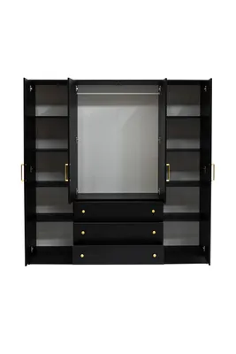 An open black wardrobe with shelves and drawers, against a white background.
