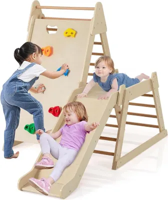 Image de Structure d'escalade intérieure, 3 en 1 : échelle d'escalade, mur d'escalade et toboggan. Aire de jeux pour enfants en bois, avec une échelle triangulaire pour grimper et glisser, pour les enfants à partir de 3 ans (naturel, 105 x 127,5 x 122,5 cm)