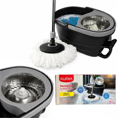 A collage of images showing a rotating mop and bucket set, a close-up of the bucket's spinner, and the product's packaging.