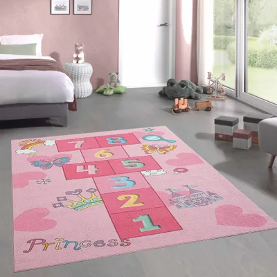 Produktbild von Hüpfkästchen Kinder-Spielteppich mit Prinzessinnen Burg in rosa Größe - 140 x 200 cm