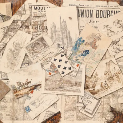 Produktbild von Zeitungen Kunstdruck Bild - Französische Zeitungs-Collage Mit Postkarten, Vintage Style (40 x 40 cm)