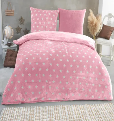 Immagine prodotto di Set di lenzuola in microfibra Malika, effetto cashmere, 3 pezzi, dimensioni 200 × 200 cm + 2 federe 80 × 80 cm, motivo stelle rosa