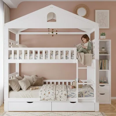 Immagine prodotto di Letto a castello 90x200 cm in legno bianco, con design a casa, dotato di scaletta, 2 cassetti e un armadietto laterale