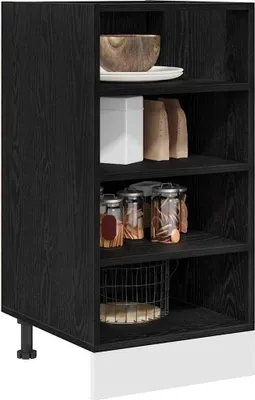 A black kitchen cabinet with shelves, containing various items.